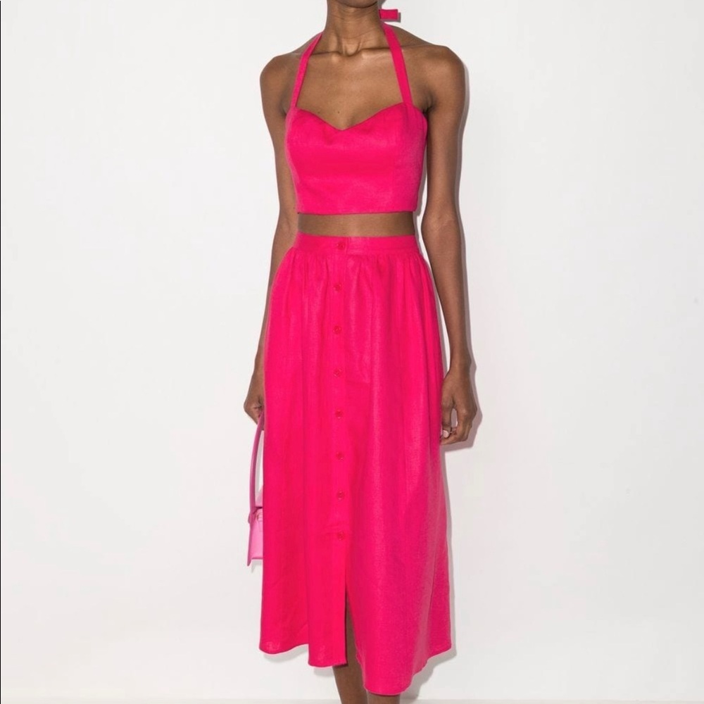 Reformation halter-neck crop top midi skirt set.